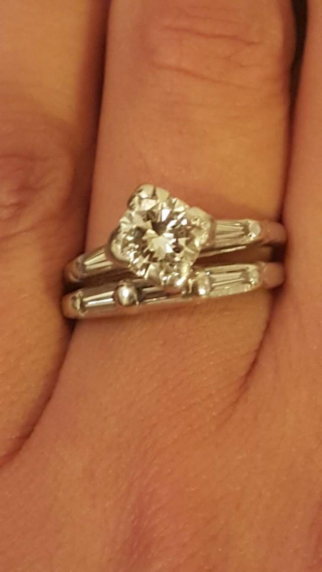 Vintage Platinum And Diamond Wedding Band Engagement Ring Set. Center Stone Is One Carat