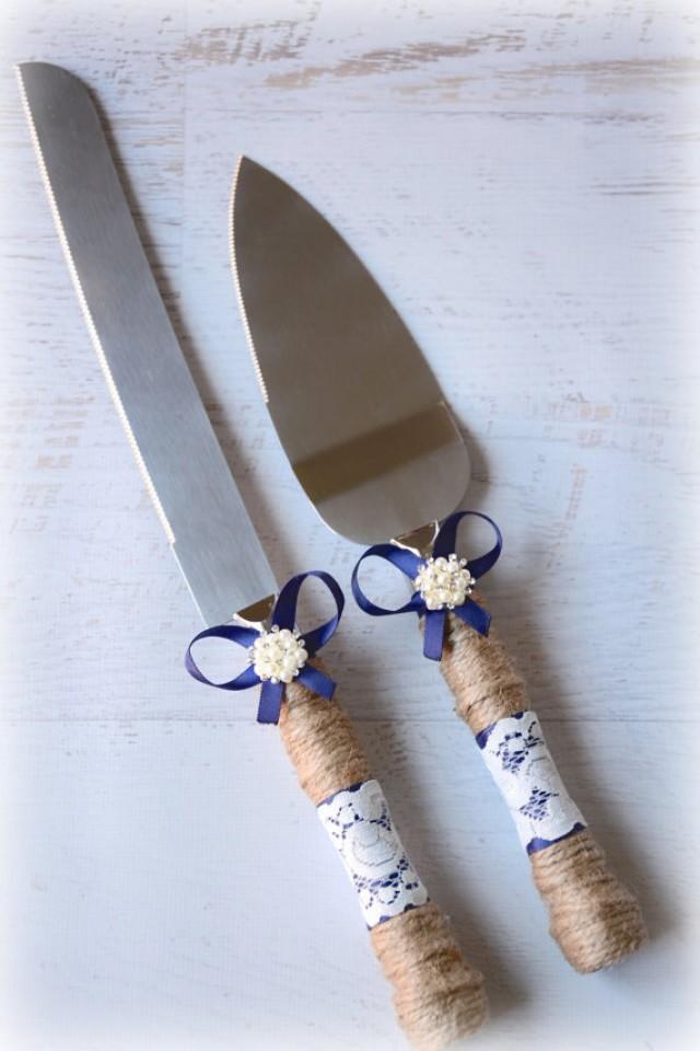 Navy Blue Rustic Wedding Cake Knife Server Gift Set Burlap Twine Bridal Shower Gift 2534318