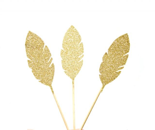 12 Gold Glitter Feather Cupcake Toppers Birthday Cupcake Topper, Gold Birthday Cake Topper