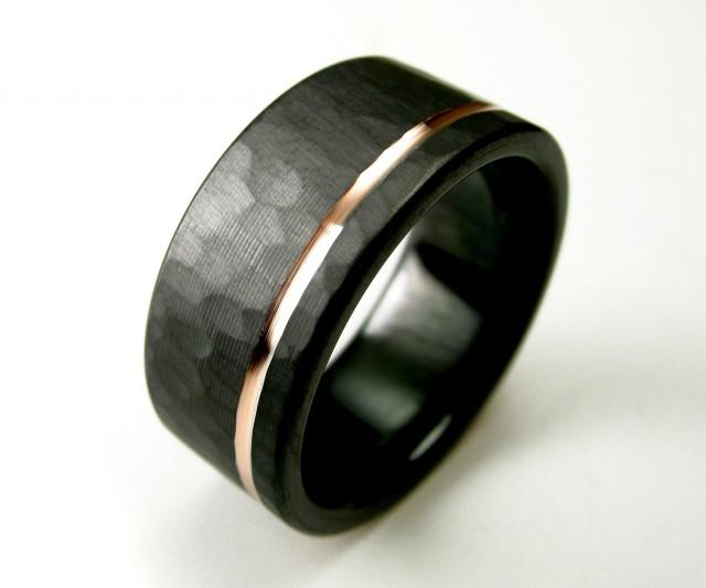 Hammered Mens Wedding Band Comfort Fit Interior Black Zirconium Rose