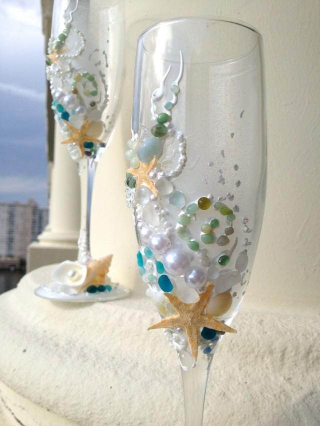 Starfish Wedding Champagne Glasses, Beach Wedding Toasting Flutes In