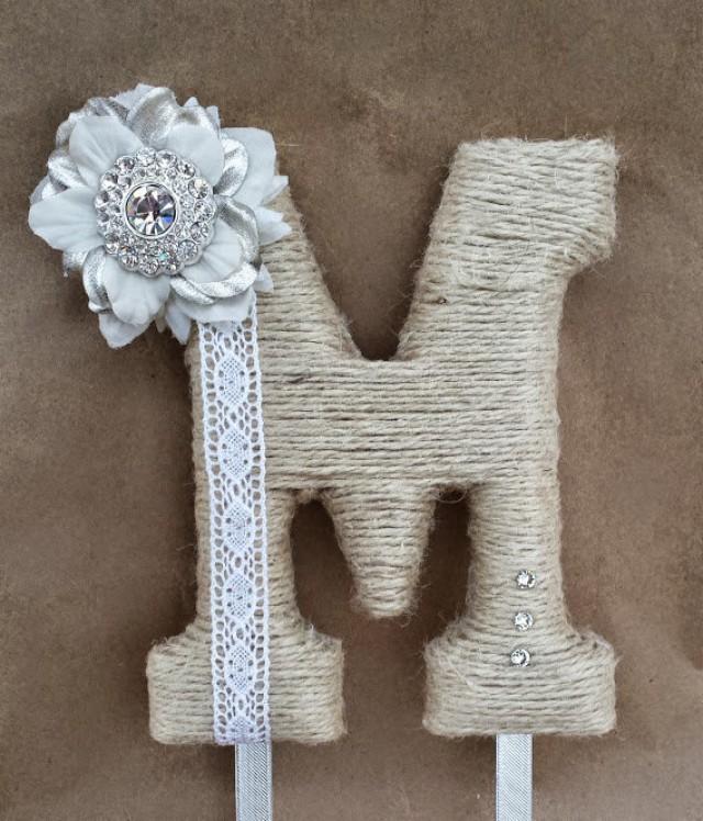 Perfectly Rustic Monogram Cake Topper; Burlap Cake Topper; White Jeweled Cake Initial; Unique