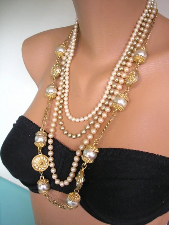 Chunky Pearl Necklace Statement Necklace Multistrand Upcycled Vintage Assemblage Gold Wedding