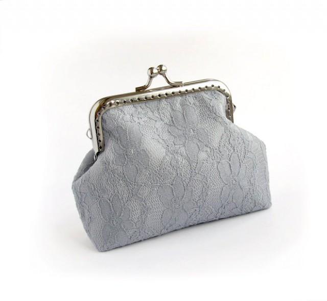 Gray Bridal Lace Purse, Silver Wedding Bridesmaid Small Clutch With