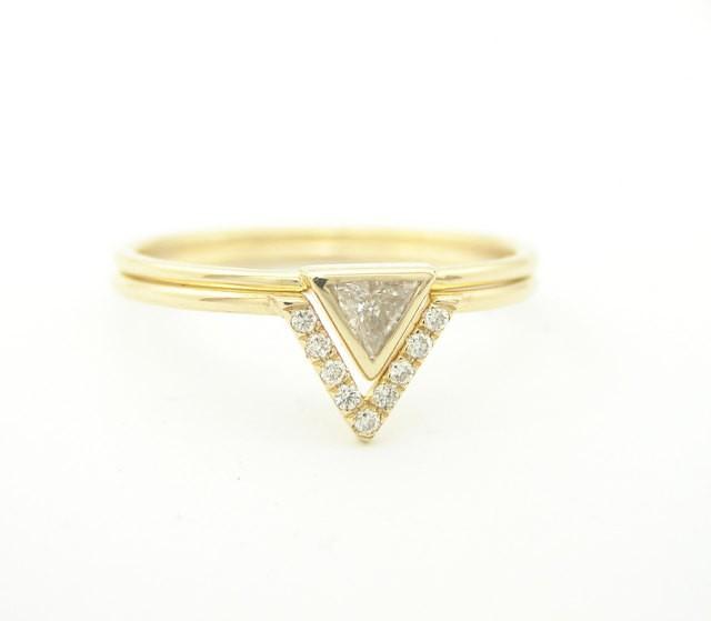 Wedding Set, Triangle Engagement Ring & Wedding Band, Diamond Ring