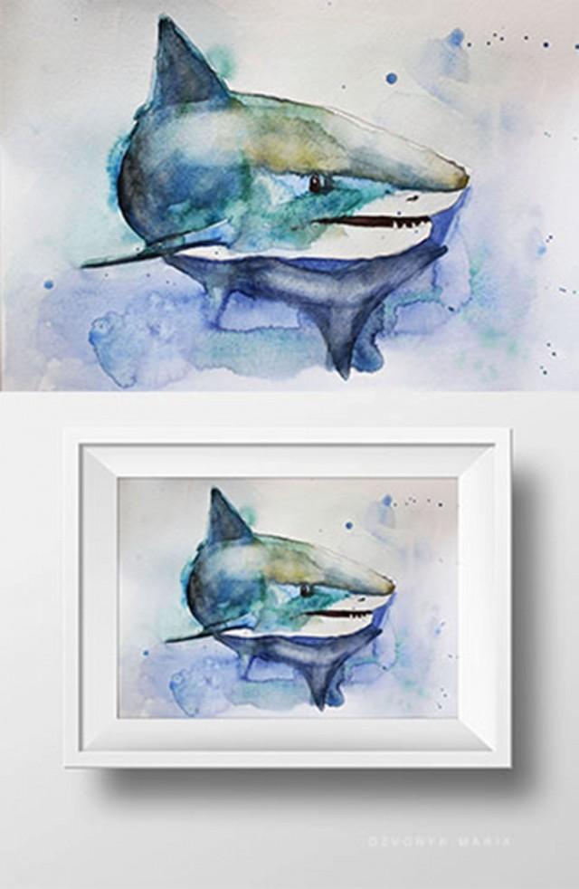 Fall Sale Original Watercolor Painting Great Shark Watercolor