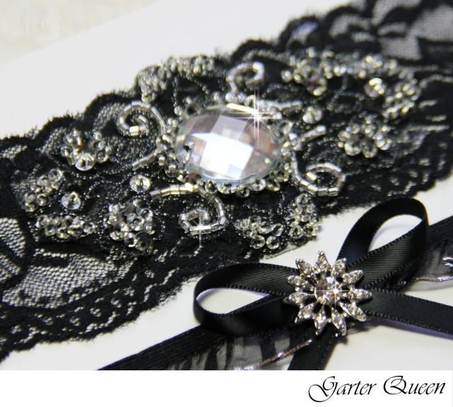 Black Lace Bridal Garter Set, Gothic Wedding, Goth, Stretch Lace And Beaded Crystal Applique