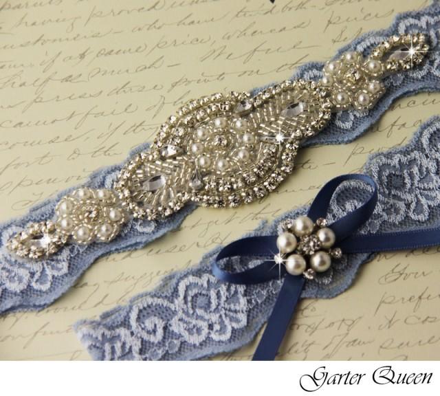 Wedding Garter Set Bridal Garter Something Blue Stretch Lace Keepsake