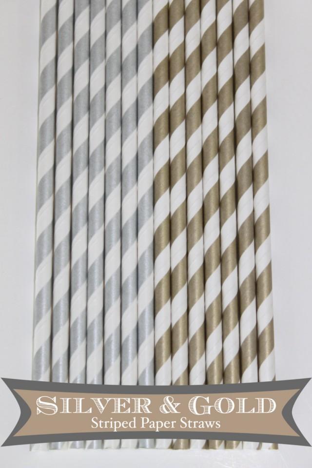 25 Silver And Gold Stripe PAPER STRAWS Wedding Bridal Shower Event Cake