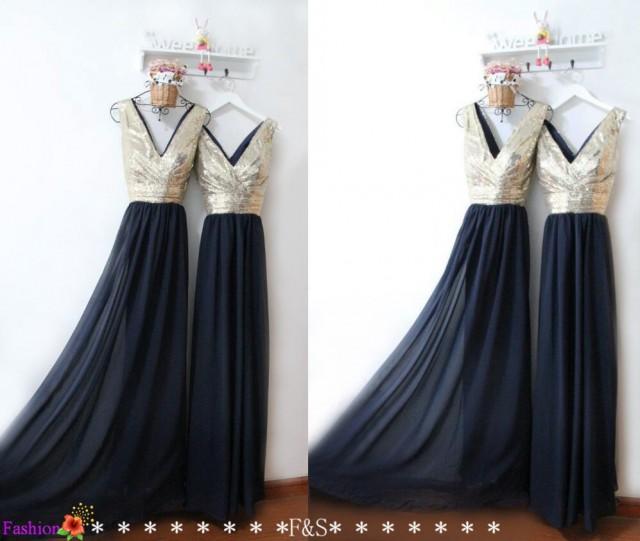 Navy Prom Dress Navy Bridesmaid Dress Light Gold Sequin Prom