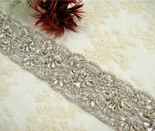 Rhinestones Applique, Bridal Beaded Applique, Wedding Sash Trim