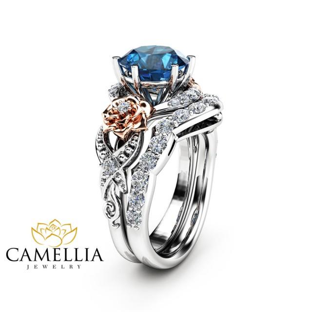 Blue Topaz Engagement Ring Set 14K Two Tone Gold Topaz Ring Floral