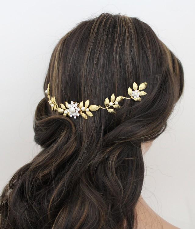 Gold Wedding Headpiece, Crystal Bridal Hair Combs, Back Hair Piece Leaf