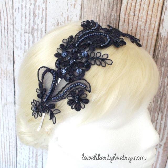Navy Beading Lace Headband / Bridal Navy Headband, Navy Lace Head Piece