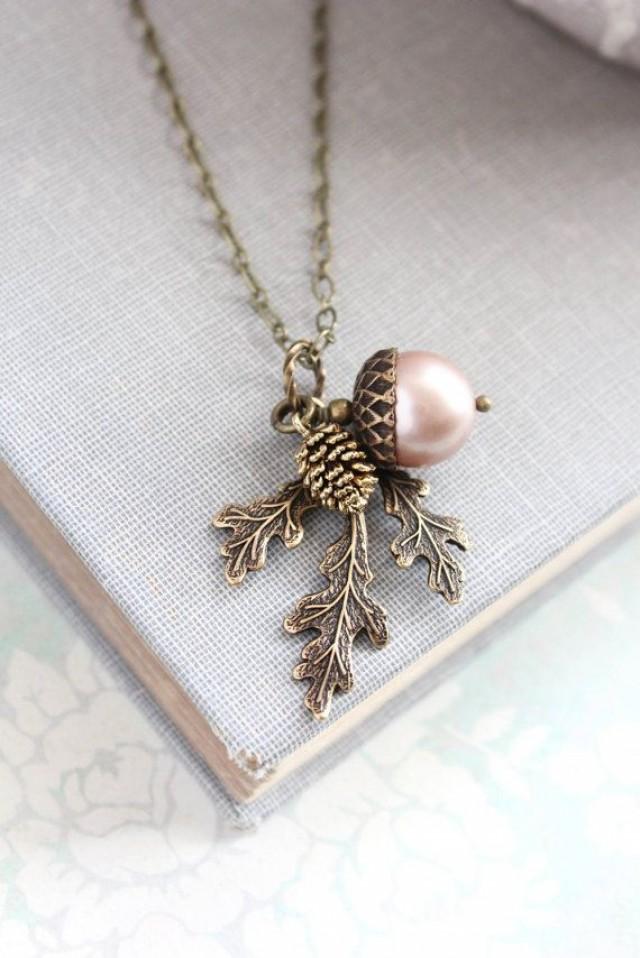 Blush Pearl Acorn Necklace Acorn Charm Pendant Bridesmaids Gift Nature