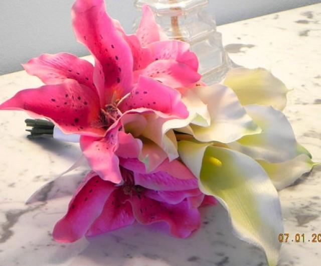 Wedding Bridal Bouquet 2 Pieces Silk Calla Lilies Pink Stargazer Lilies White Boutonniere 8112