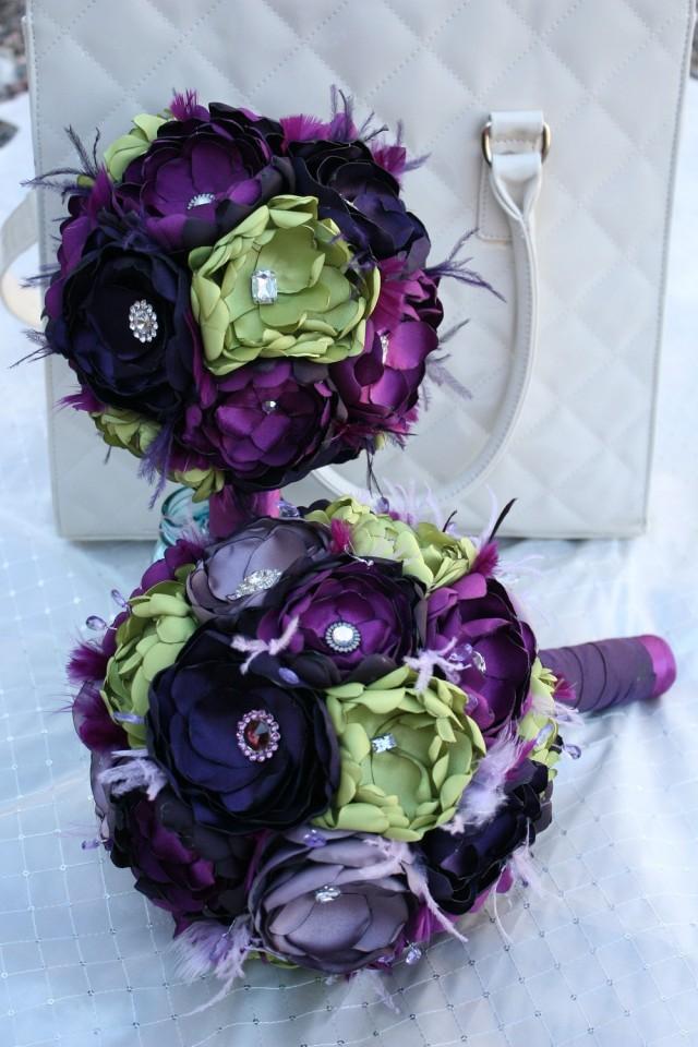 Handmade Fabric Flower Wedding Package In Purples And Green Bridal Bouquet Boutonnieres