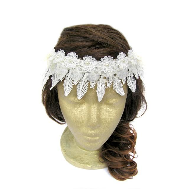 White Lace Headband Boho Bridal Headpiece Bridesmaid Headband Beaded ...