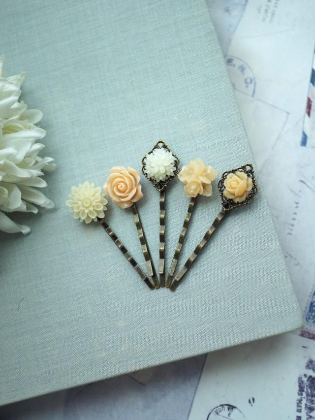 Peach Flower Hair Bobby Pins, Cream Ivory And Peach Flowers Wedding