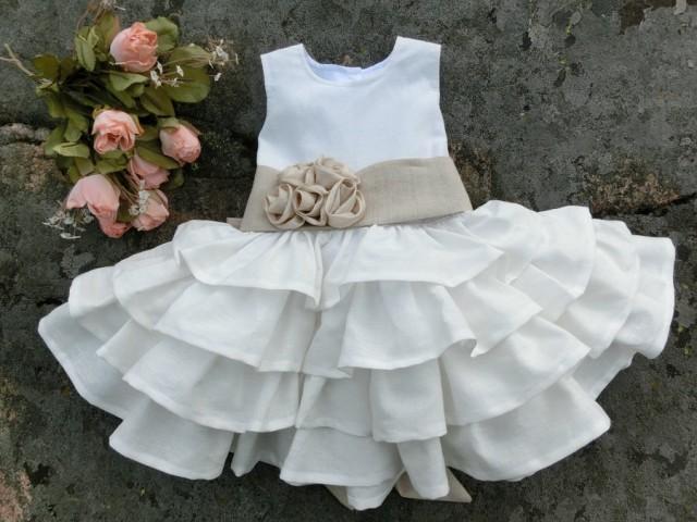 Flower girl dress white  Girls linen dress white  Linen dress with crochet flowers   Baptism dress white   Christening dress