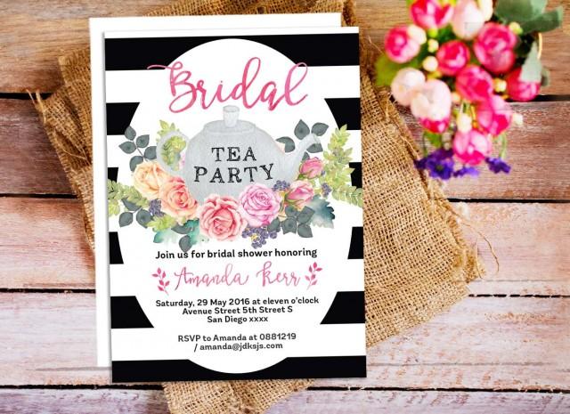 Floral Tea Party Invitations, Bridal Shower Tea Invitation, Black And ...