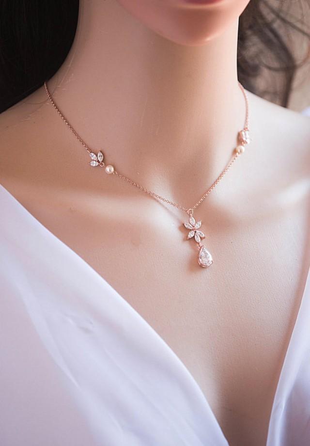 Bridal Backdrop Necklace Crystal Pearl Statement Wedding Silver K Rose Gold Filld Rose Gold