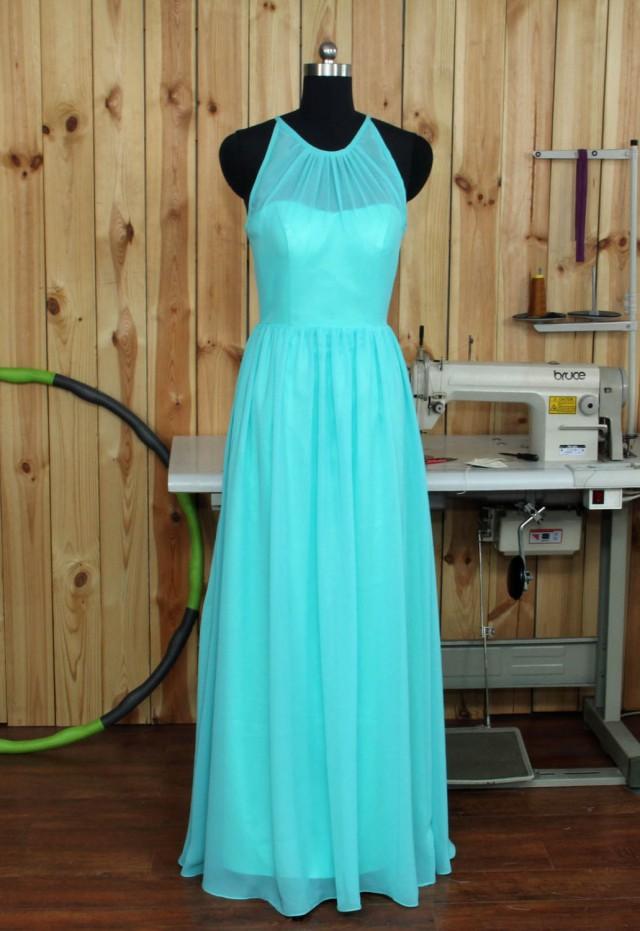 Turquoise Halter Bridesmaid Dress, Chiffon Evening Dress, Halter Sheer