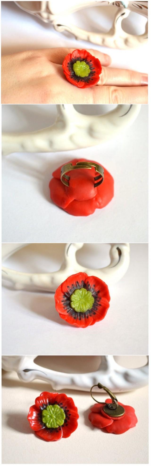 Floral jewelry set Poppy jewelry Red flower set Poppy flower Polymer clay flowers 4th anniversary gift