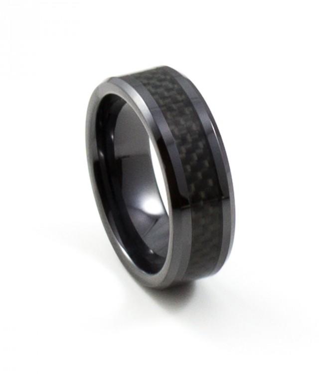 Sleek Black Ceramic Ring With Carbon Fiber Inlay, Men's Wedding Band