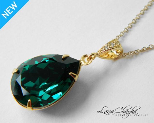 Emerald Green Crystal Necklace Swarovski Emerald Rhinestone Gold