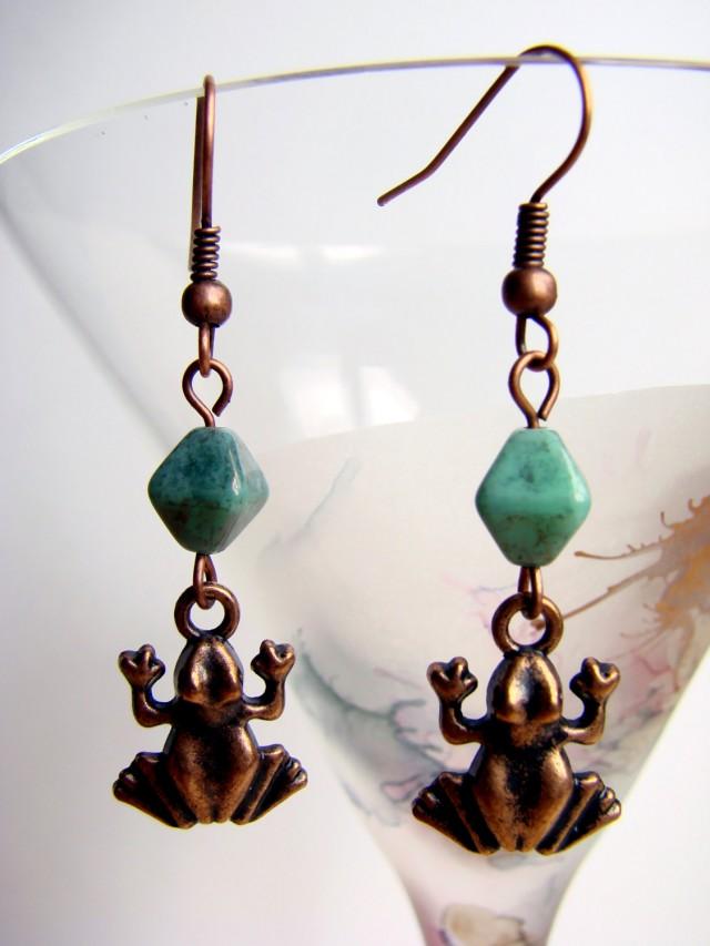 Dangle Frog Earrings, Copper Tone Earrings With Turquoise Glass Beads