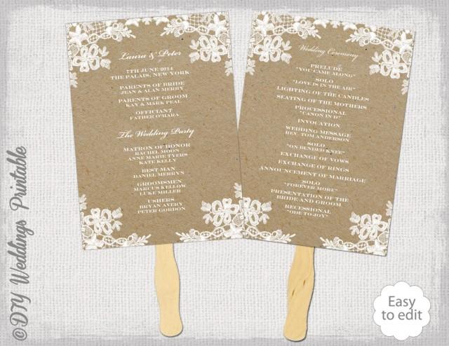 Rustic Wedding Fan Program Template Rustic Lace Diy Kraft Order