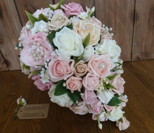 Bespoke Vintage Pastel Peach And Pearl Rose And Peony Teardrop