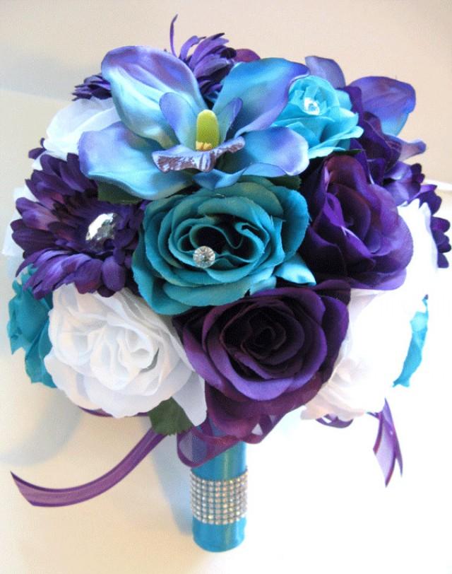 Wedding Silk Flowers Bouquet Bridal PURPLE Daisy TURQUOISE Blue ORCHID
