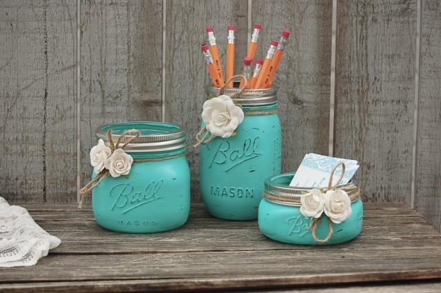 Desk Set Mason Jar Aqua Shabby Chic Pencil Holder Dorm Desk