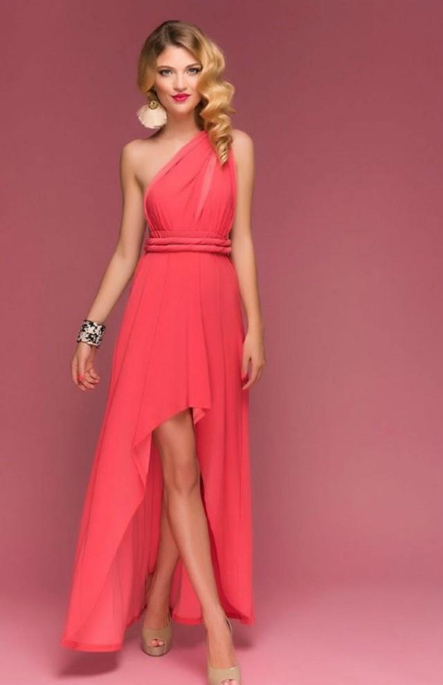 Coral Bridesmaid Dress Assymetrical Infinity Dress Floor Length Wrap