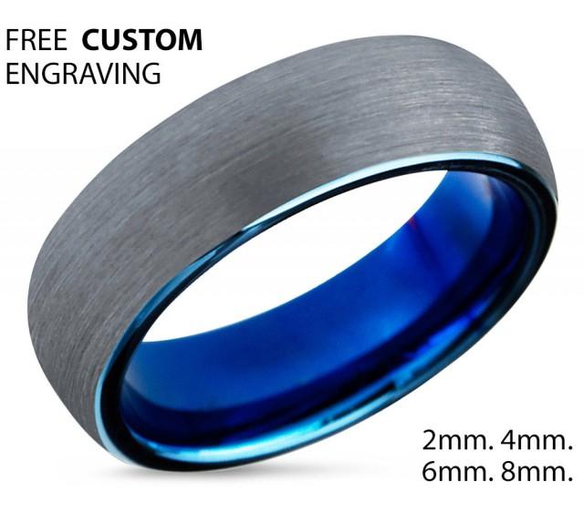 Tungsten Ring Mens Blue Brushed SilverWedding Band Tungsten Carbide 8mm