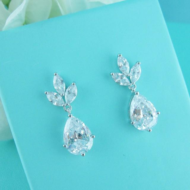 Cz Dangle Earrings Pear Cubic Zirconia Earrings Cz Wedding Earrings