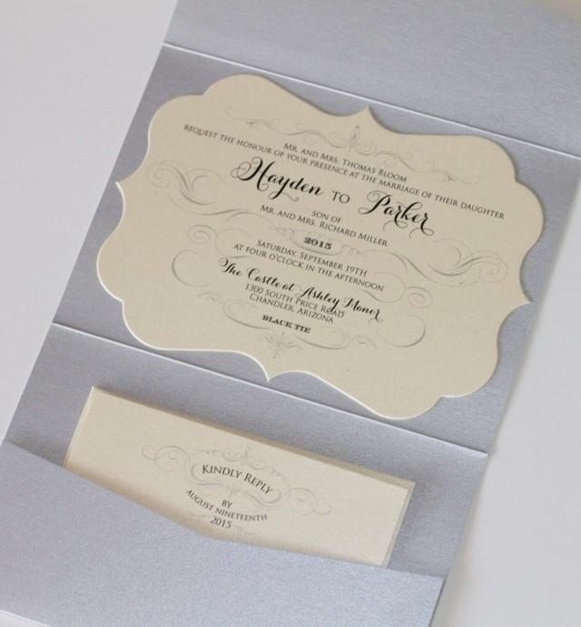 Hayden Diecut Glitter Wedding Invitation Pocket Fold Vintage