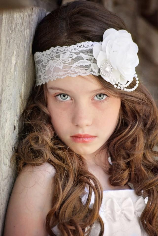 White Rose Headband, Flower Girl Headband, White Bridal Headband, White Lace Headband, Wedding