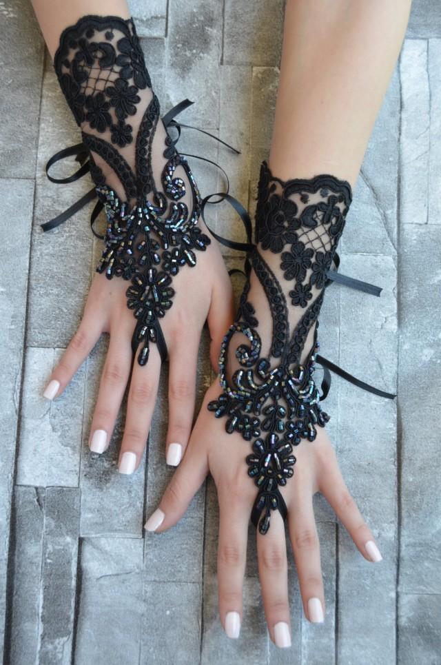 Black Wedding Glove Bridal Glove Black Lace Cuffs Lace Gloves Fingerless Gloves Bridal