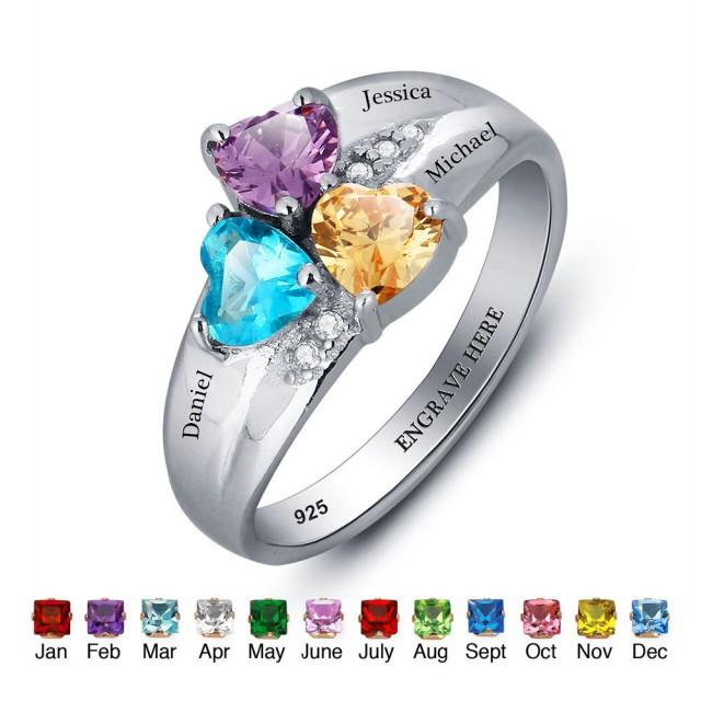 Engraved Mother's Ring, Birthstone Cluster Ring, Sterling Silver