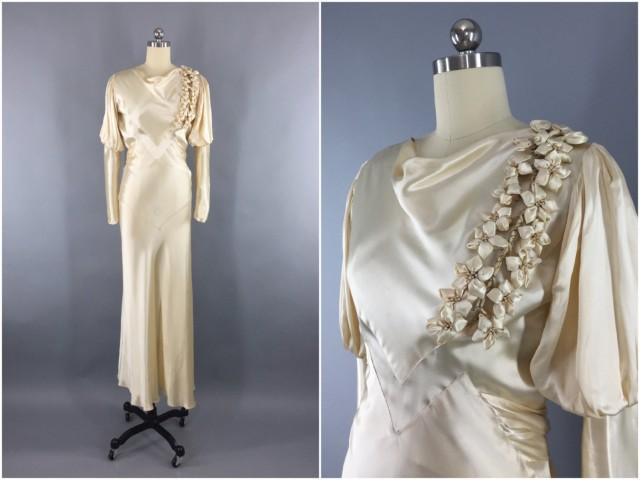 Vintage 1930s Wedding Dress 30s Bias Cut Dress 1930 Art Deco Ivory Champagne Satin Gown