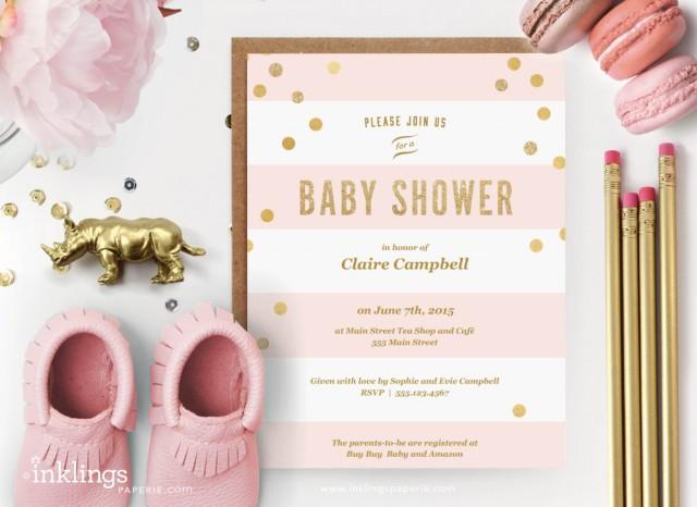 Printable Baby Shower Invitation Pink Stripes With Gold Dots