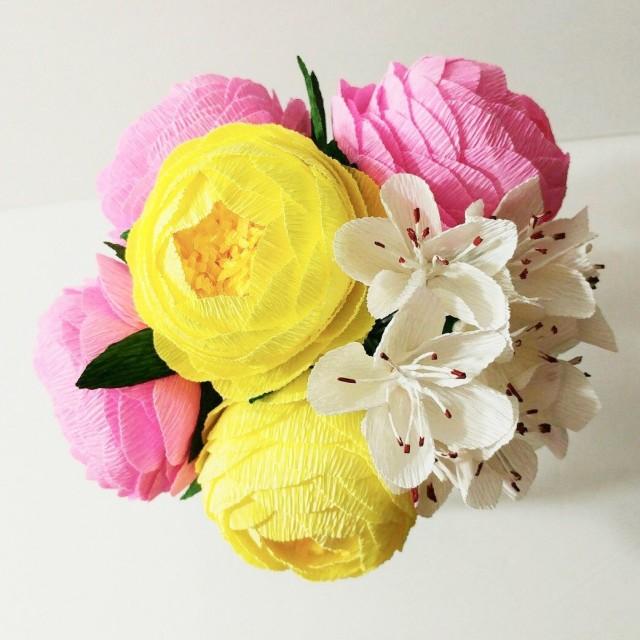 Crepe Paper Bouquet Yellow Pink Peonies Wedding Bouquet Bridal Bouquet