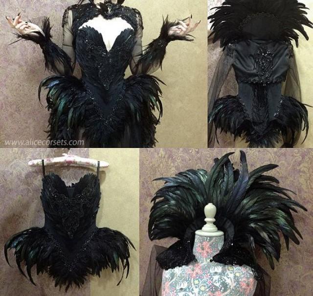 Witch Crow Feathers Overbust Corset Gothic Hip Fins Haute Goth Dress