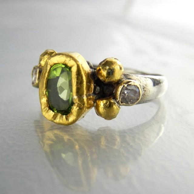 Peridot Engagement Ring, Diamond Ring, Peridot Jewelry, Alternative
