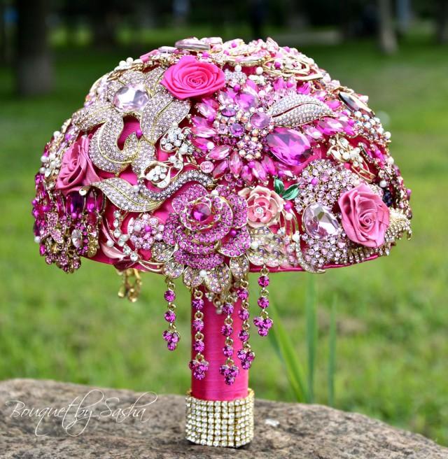 Fuchsia Gold Wedding Brooch Bouquet Pink Jewelry Bridal Bouquet