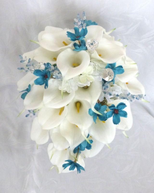 Calla Lily And Hydrangea Cascading Wedding Bouquet Set With Turquoise