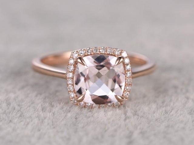 8x8mm Morganite Engagement Ring Rose Gold Diamond Halo Plain Gold